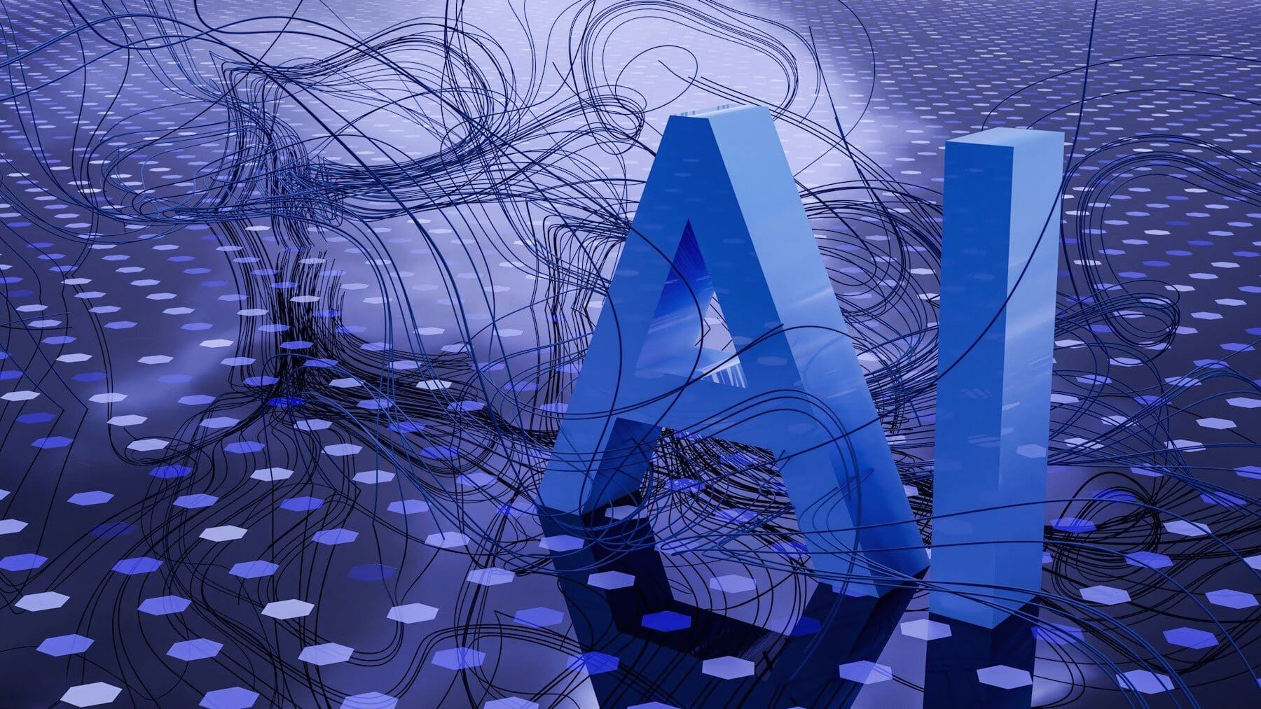 A three-dimensional render of the letters AI on a circuit-patterned floor